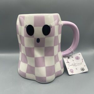 Sunday Morning Halloween Purple Checkered Ghost Mug SPOOK-TACULAR VIBES ONLY NEW
